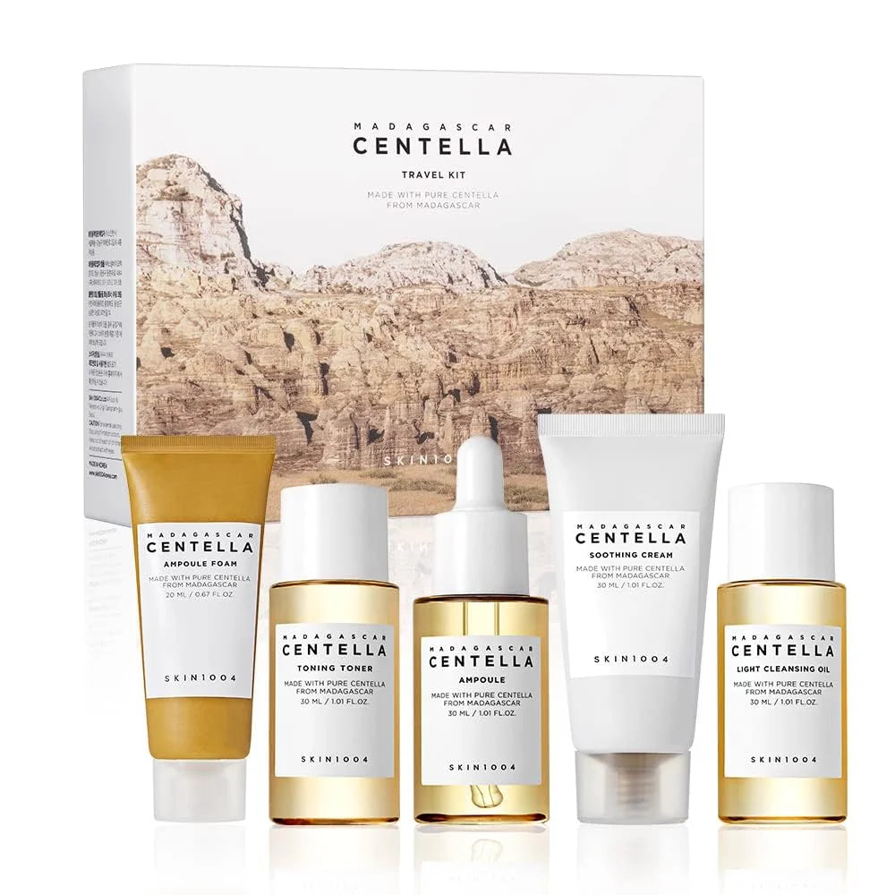 SKIN1004 Madagascar Centella Travel Kit, Toner, Ampoule, Soothing Cream, Cleansing Oil, Ampoule Foam, Basic Skincare Mini 5pcs